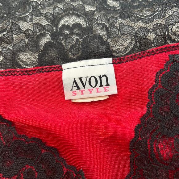 Avon Style Red Satin Slip Dress with Black Lace Trim and Button Front - Picture 6 of 6